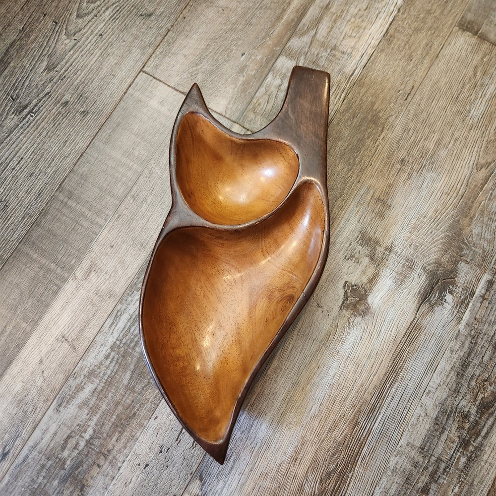 Vintage Mid Century Modern Monkey Pod Wood Divided Serving Tray Hand Carved 12"